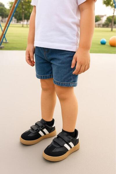 MARKABONİ Daily Unisex Children's Striped Black and White Light-Up Sneaker Velcro Lightweight Comfortable Sports Shoes