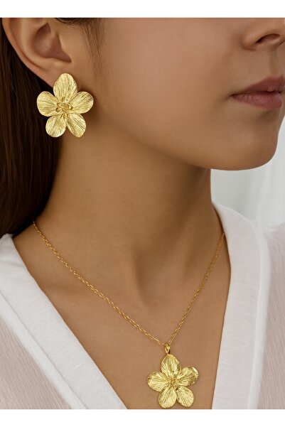 monalisatoka Kadın Gold Çiçek Küpe Kolye Seti
