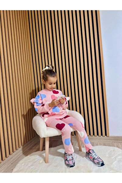 Magu Girl's Cotton Powder Heart Sweatshirt and Leggings Set - Ruffle Shoulder Detail