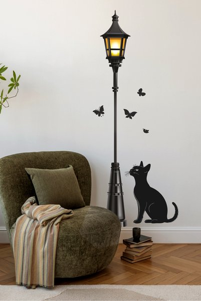 Sticker Sepetim Lampă stradală cu fluturi și pisică autocolante decorative tematice