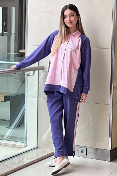 Mahal Crochet Knitwear Striped Poplin Mix Trouser Set