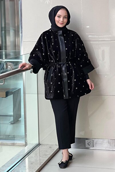 Ghisa Pul Boncuk İşlemeli Gizli Fermuarlı Kadife Ceket