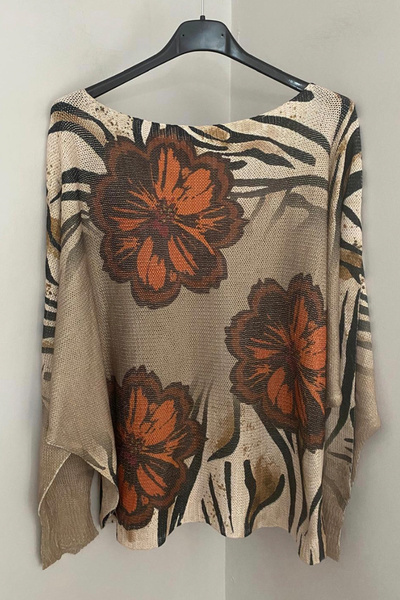 AYASOFYA OTANTIK Γυναικείο πουλόβερ με μοτίβο λουλουδιών με στάμπα ιταλικού καπουτσίνο με ασημί ζέβρα, με μανίκια νυχτερίδας και μερσεριζέ