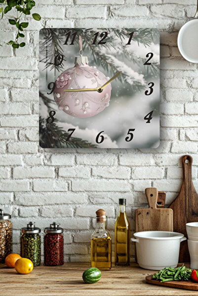 kutuTR Snow Ball and Pine Branch Themed Tempered Glass Square Clock 33X33 cm Size Uv Printing - Kcs047