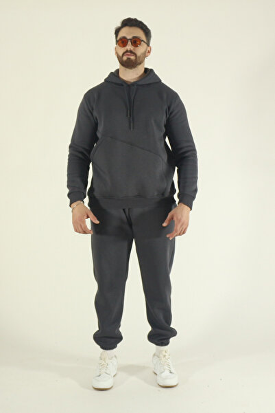 EydaMoon Ανδρικό χειμερινό σετ αθλητικής φόρμας με φλις εσωτερικά, ύφασμα πουφ, κουκούλα, 3 κλωστές και πλαϊνές τσέπες - Dark Smoked