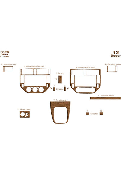 Marscockpitdesign غطاء كونسول فورد سي ماكس 2004-2010 12 قطعة (مكيف هواء رقمي)