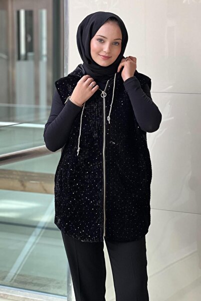 Ghisa Sequined Embroidered Hooded Velvet Vest