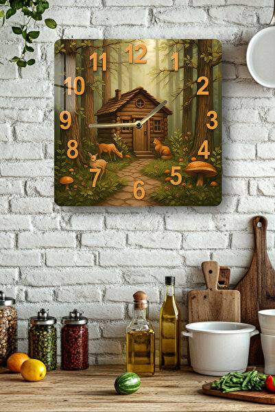 kutuTR Forest House Themed Tempered Glass Square Clock 33X33 cm Size Uv Printing - Kcs039