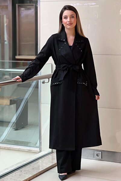 Nuss Zımba Detaylı Geniş Yaka Önü Açık Kuşaklı Nubuk Kap