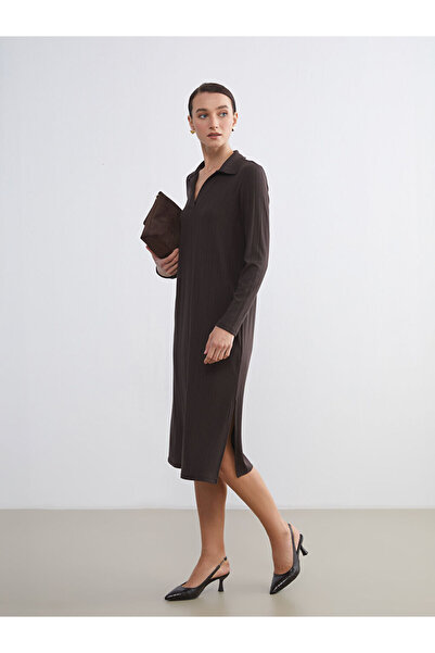 LC Waikiki Brown Polo Neck Textured Dress