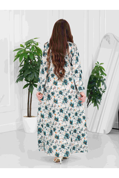 Nice Model Modest Floral Maxi Dress Long Sleeve V-Neck Loose Fit Elegant Women's Home Wear Caftan Abaya