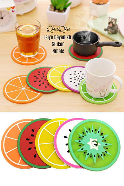 QesQin 5’li Silikon Nihale ve Bardak Altlığı Seti – Meyve Desenli, Isıya Daya...