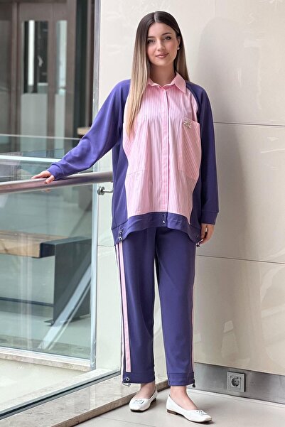 Mahal Crochet Knitwear Striped Poplin Mix Trouser Set