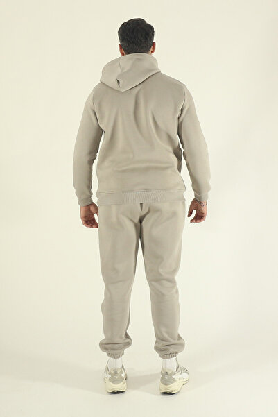 EydaMoon Ανδρικό χειμερινό σετ αθλητικών φορμών με φλις εσωτερικά, ύφασμα πουφ, κουκούλα, 3 κλωστές και πλαϊνές τσέπες - Πέτρα