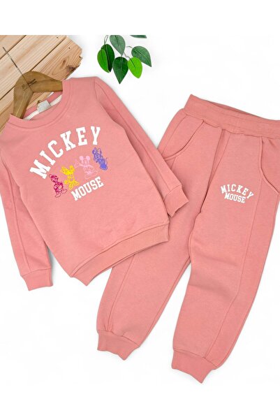 VOY KİDS Girl's Winter 3-Layered Hooded Tracksuit Set for Ages 2-3-4-5-6 with Mickey Print on Top and Bottom