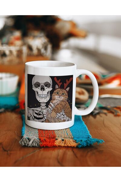 FenerciHediyelik كوب بطبعة هيكل عظمي وقطة