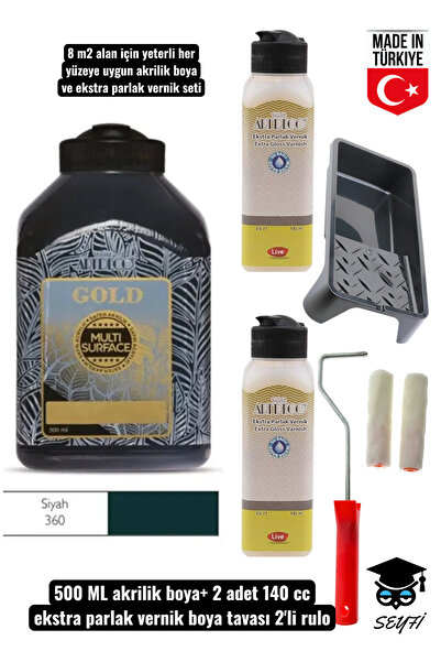 SEYFİKİRTASİYE 500 ml Multi Surface Akrilik boya 2 adet 140 ML parlak vernik seti mobilya dolap boyama seti tavalı
