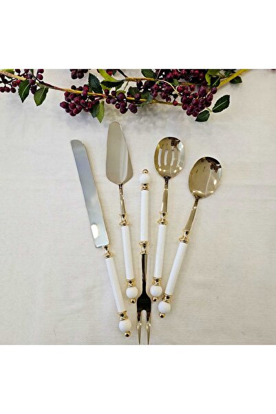 MaviDamla 5-Piece Serving Set with Gold Detail Porcelain Handle Titanium