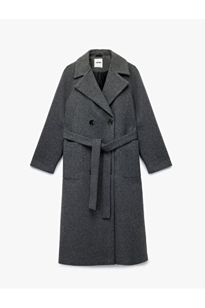 Koton Palton lung cu mâneci lungi, cu nasturi, cu curea, cu buzunare