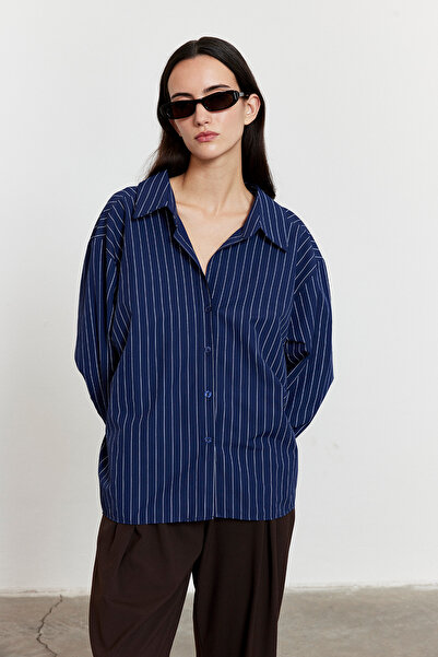 FACETTE Çizgili Oversize Gömlek Lacivert