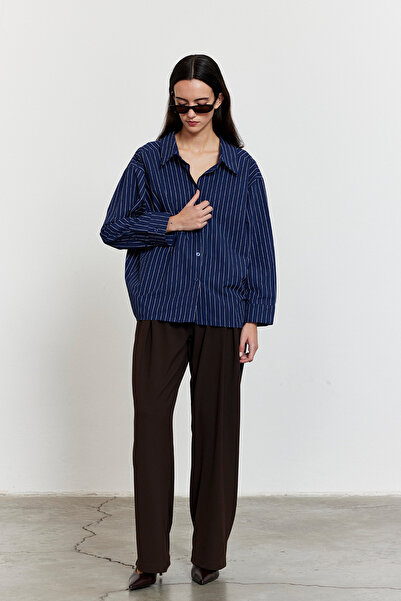 FACETTE Çizgili Oversize Gömlek Lacivert