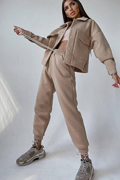 FashionForYou Women's padded tracksuit, Arina, loose pants and button-up blouse, Beige