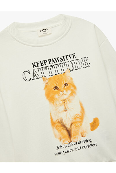 Koton Pamuklu Uzun Kollu Bisiklet Yaka Kedi Baskılı Sweatshirt