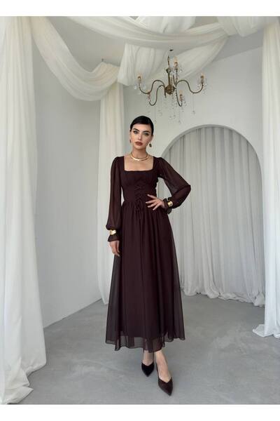 EtikaOnline Şifon Kumaş Korsaj Tasarım Astarlı Tamo Uzun Elbise