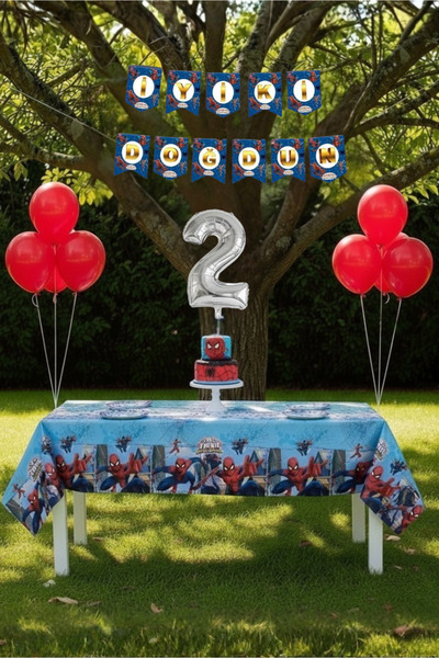 Umamiçe مجموعة حفلات عيد الميلاد لعمر سنتين بطابع سبايدر مان - مفرش طاولة + لافتة + بالونات