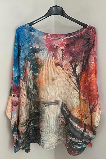 AYASOFYA OTANTIK Women's Italian Lilac Glitter Riverbank Pattern Batwing Sleeve Mercerized Blouse Sweater