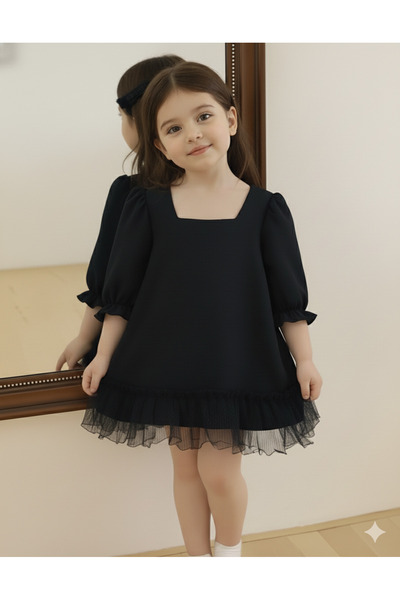 Heymino Lace Tül Detaylı Balon Kollu Kız Çocuk Bebek Elbisesi