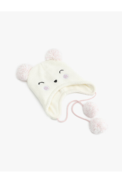 Koton Knitted Beanie with Pom-Pom and Embroidered Cat Figure