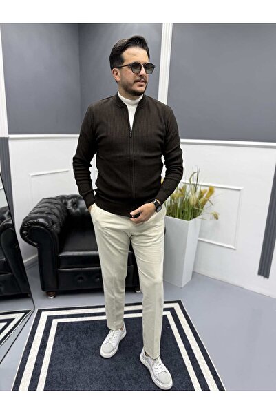 Avni Ceylan Men's Brown Non-Pilling Standard Fit Regular Cut Stand Collar Zippered Knitwear Cardigan