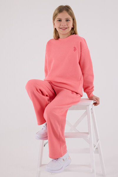 U.S. Polo Assn. Girl's Crew Neck 3 Thread Ruched Top and Bottom Set Th23Vl1Vrpol