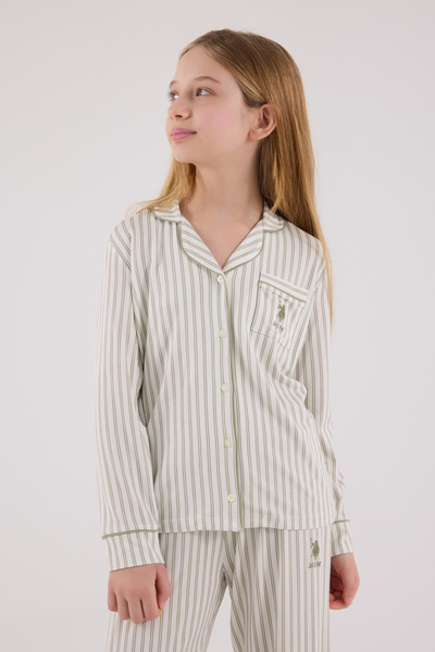 U.S. Polo Assn. Girl's Shirt Collar Striped Pine Green Pajama Set Th23Vl06Vrpol