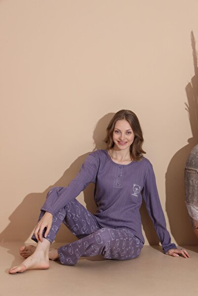 lindros Women's Cotton Button Collar Interlock Winter Pajama Set 05035 - 1 Piece