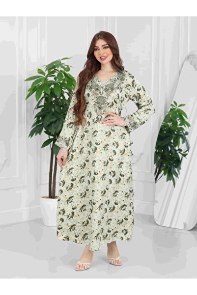Nice Model Women's Green Floral Kaftan Maxi Dress Embroidered Long Sleeve Evening Gown Modest Party Wear