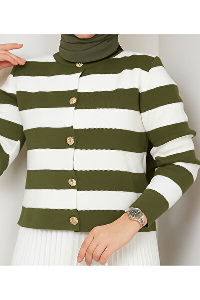 RFK Butik Button Detailed Striped Hijab Knitwear Cardigan Skirt Set - Khaki