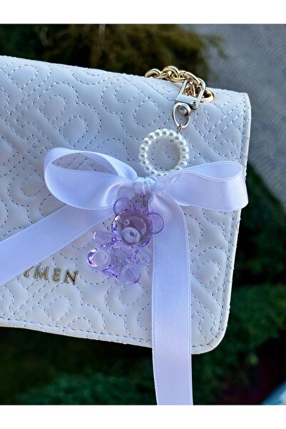 PEONY peonyofficiall Purple Bear Bag Ornament Pearl Detailed White Bow Keychain Silver Clip Wallet Accessory
