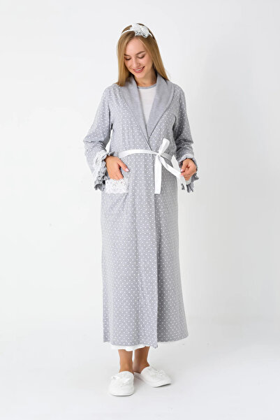 Lohussa Set de cămașă de noapte pentru femei, gri, cu guler șal, cu model, lu...