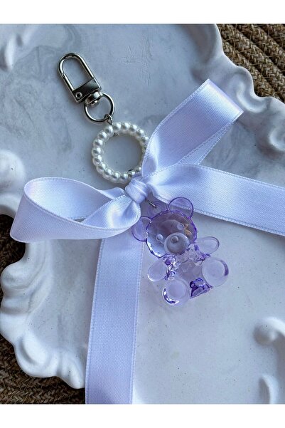 PEONY peonyofficiall Purple Bear Bag Ornament Pearl Detailed White Bow Keychain Silver Clip Wallet Accessory