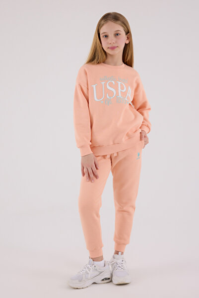 U.S. Polo Assn. Girl's Crew Neck Printed 3 Thread Ruched Top and Bottom Set Th23Vl06Vrpol