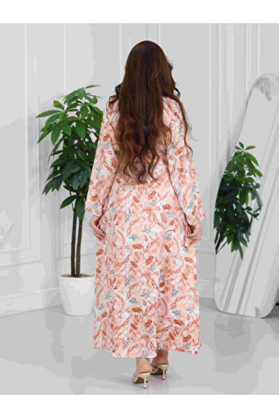 Nice Model Women's Peach Pink Floral Kaftan Maxi Dress V-Neck Long Sleeve Embroidered Abaya Elegant Homewear
