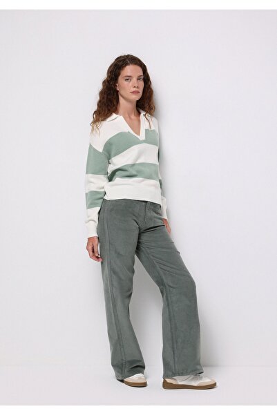 Colin's Regular Fit Polo Yaka Çizgili Kadın Yeşil Kazak