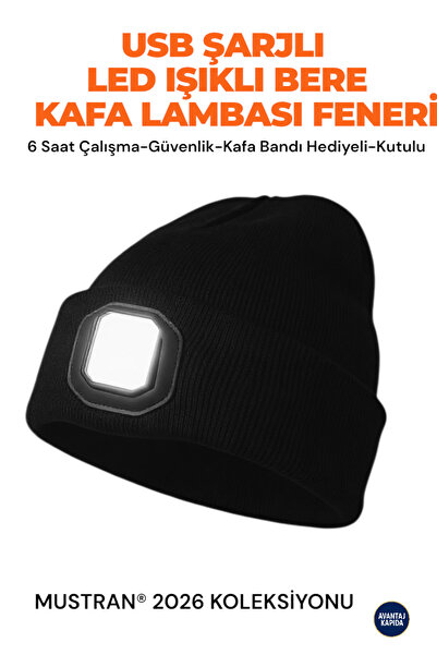 Mustran USB Şarjlı Tak Çıkar El Feneri Bere –Kafa Lambalı Triko Şapka | 4 Mod...