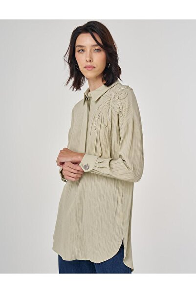 KYR Viscose Tunic with Embroidery Applique, Mildew Green