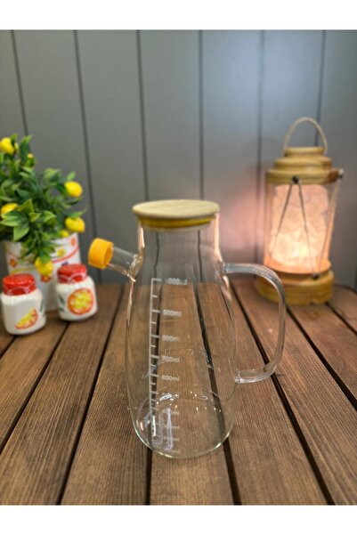 quanco Borosilikat Cam Yağdanlık 1000ml – Bambu Kapaklı Ölçülü Sağlıklı Cam Yağ Şişesi Mutfak Sürahi