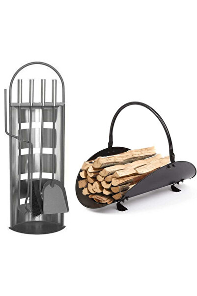 Mercaton Set 4 Accesorii cu Suport pentru Semineu si Soba din Inox, 66 cm si Suport de Depozitat Lem