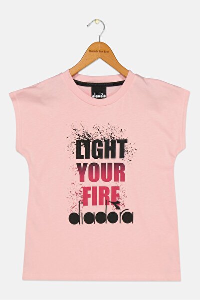 Diadora بلوزة مطبوع بأكمام قصيرة ورقبة دائرية للبنات الصغار، لون وردي