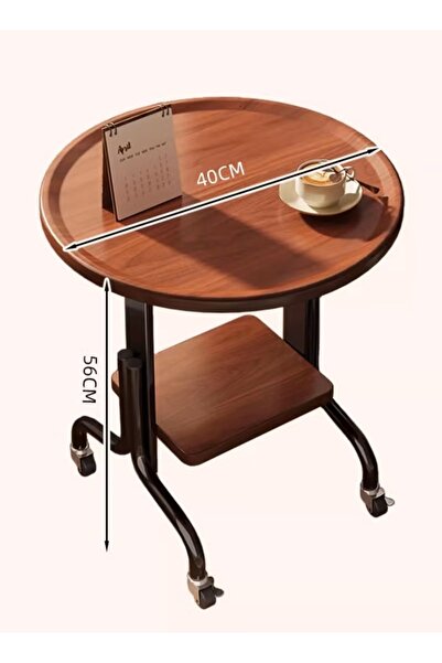 Golden Bark Modern side table with 2 shelves, wooden coffee table with metal frame and wheels